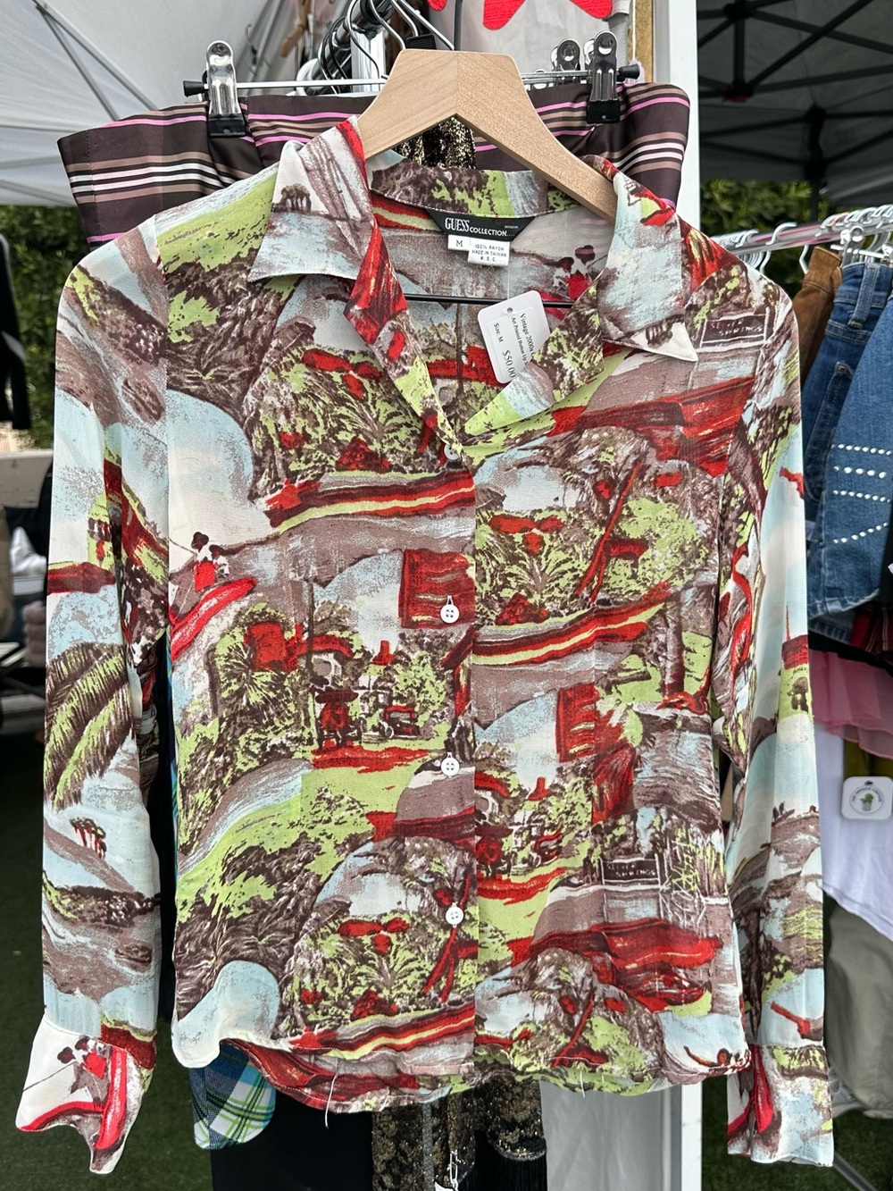 Y2K GUESS! Scenic Print Button-Up Shirt Lightweight- Medium